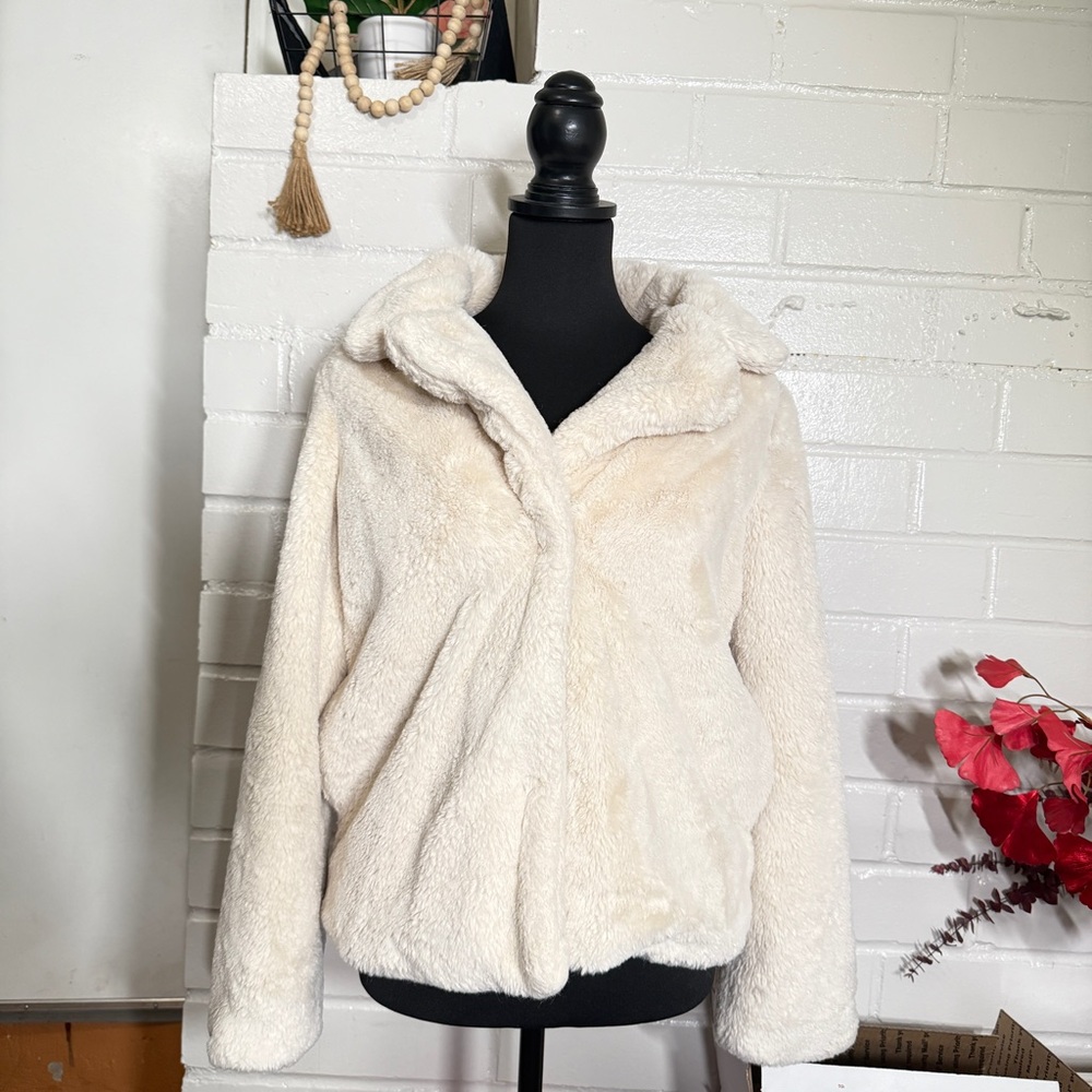 Faux Fur Jou Jou Sweater Winter Fluffy Coat Ivory Teddy Jacket Size Small